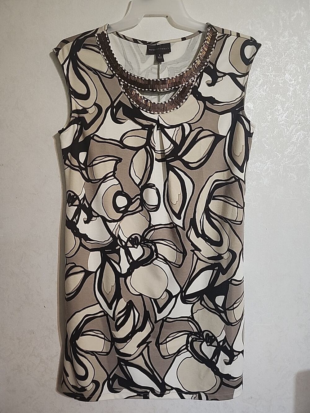 Dana Buchman Dress Sleeveless Sheath sz 12 Brown Geometric Knee Length Midi